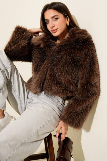 Astarlı Kruvaze Yaka Kürk Mont Kahve - Kadın Giyim Modelleri