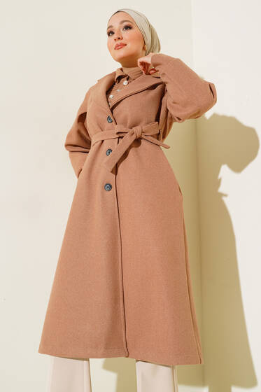 Astarlı Kuşaklı Kaşe Kaban Latte - Kaban