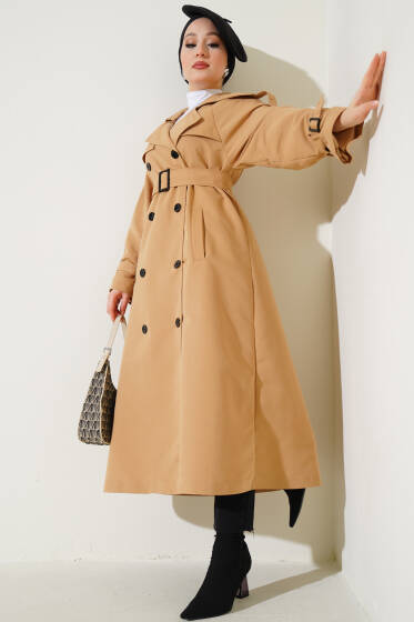 Astarlı Kuşaklı Uzun Trençkot Camel - Trençkot