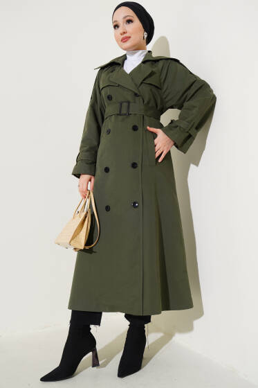 Astarlı Kuşaklı Uzun Trençkot Haki - Trençkot