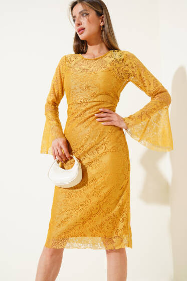 Astarlı Tül Elbise Hardal - Kadın Giyim Modelleri