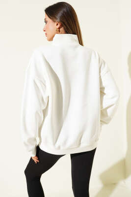 At Baskılı Fermuarlı Şardonlu Sweatshirt Ekru - Kadın Giyim Modelleri