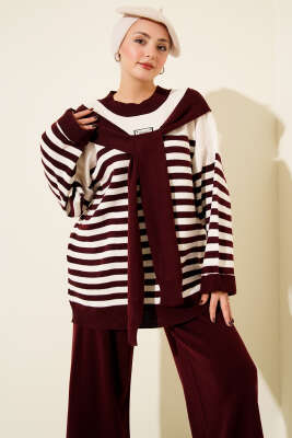 Atkı Detaylı Çizgili Triko İkili Takım Bordo - İkili Takım