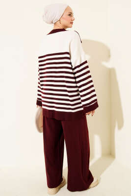 Atkı Detaylı Çizgili Triko İkili Takım Bordo - İkili Takım