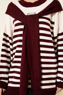 Atkı Detaylı Çizgili Triko İkili Takım Bordo - İkili Takım