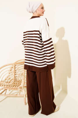 Atkı Detaylı Çizgili Triko İkili Takım Kahve - İkili Takım