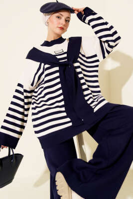 Atkı Detaylı Çizgili Triko İkili Takım Lacivert - İkili Takım