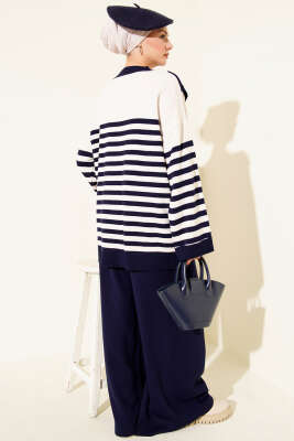 Atkı Detaylı Çizgili Triko İkili Takım Lacivert - İkili Takım