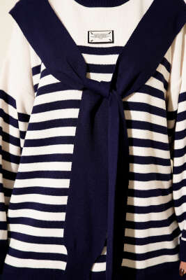 Atkı Detaylı Çizgili Triko İkili Takım Lacivert - İkili Takım