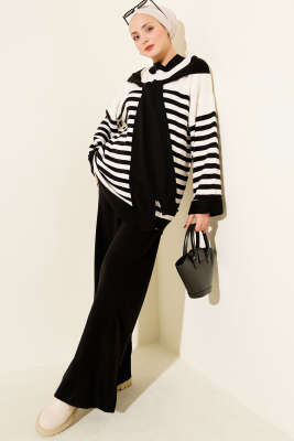 Atkı Detaylı Çizgili Triko İkili Takım Siyah - HATUN