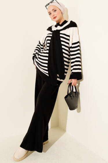 Atkı Detaylı Çizgili Triko İkili Takım Siyah - İkili Takım