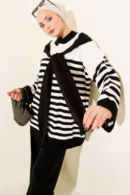 Atkı Detaylı Çizgili Triko İkili Takım Siyah - İkili Takım