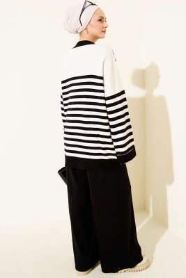 Atkı Detaylı Çizgili Triko İkili Takım Siyah - İkili Takım