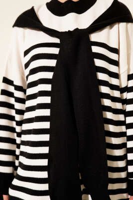 Atkı Detaylı Çizgili Triko İkili Takım Siyah - İkili Takım