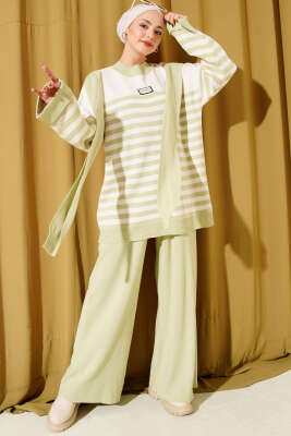 Atkı Detaylı Çizgili Triko İkili Takım Su Yeşili - HATUN