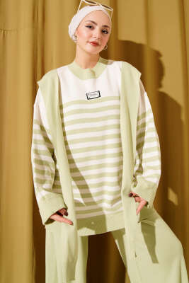 Atkı Detaylı Çizgili Triko İkili Takım Su Yeşili - İkili Takım