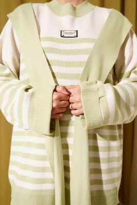 Atkı Detaylı Çizgili Triko İkili Takım Su Yeşili - İkili Takım