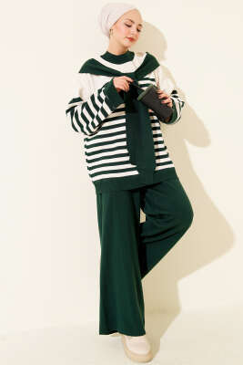 Atkı Detaylı Çizgili Triko İkili Takım Zümrüt - HATUN