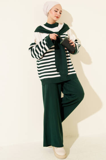 Atkı Detaylı Çizgili Triko İkili Takım Zümrüt - İkili Takım