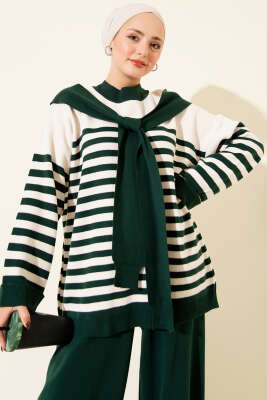 Atkı Detaylı Çizgili Triko İkili Takım Zümrüt - İkili Takım