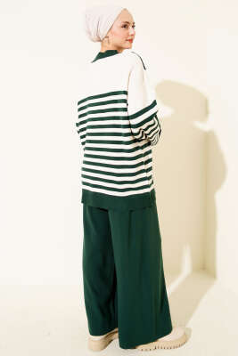Atkı Detaylı Çizgili Triko İkili Takım Zümrüt - İkili Takım