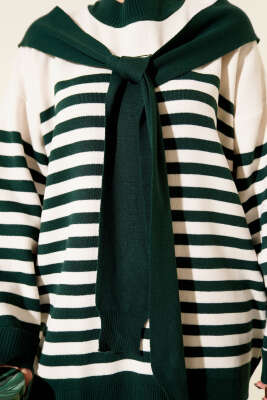 Atkı Detaylı Çizgili Triko İkili Takım Zümrüt - İkili Takım