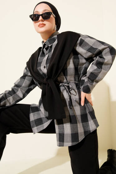 Atkı Detaylı Ekoseli Gömlek Antrasit - Günün Seçilenleri