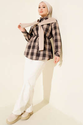 Atkı Detaylı Ekoseli Gömlek Bej - Gömlek