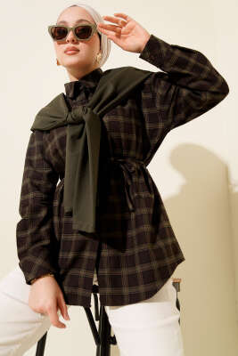 Atkı Detaylı Ekoseli Gömlek Haki - VAV TEKSTİL