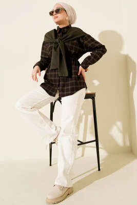 Atkı Detaylı Ekoseli Gömlek Haki - Gömlek