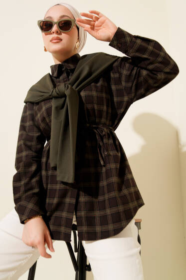 Atkı Detaylı Ekoseli Gömlek Haki - Günün Seçilenleri