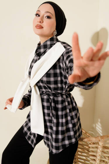 Atkı Detaylı Ekoseli Gömlek Siyah - Günün Seçilenleri