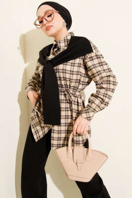 Atkı Detaylı Ekoseli Gömlek Taş - VAV TEKSTİL