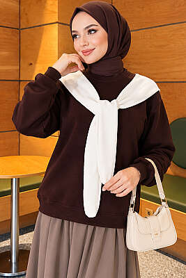 Atkı Detaylı Üç İplik Sweatshirt Kahve - Tunik