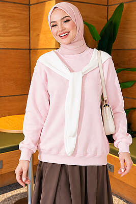 Atkı Detaylı Üç İplik Sweatshirt Pembe - DESTİNA