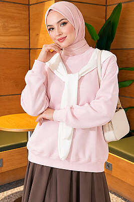 Atkı Detaylı Üç İplik Sweatshirt Pembe - Tunik