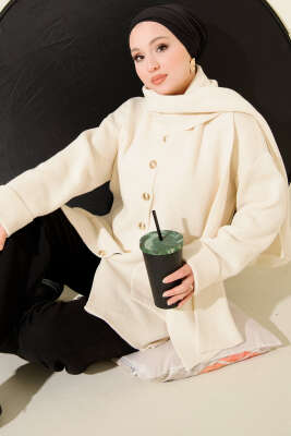 Atkılı Düğmeli Cepli Triko Hırka Bej - RAFİMİX