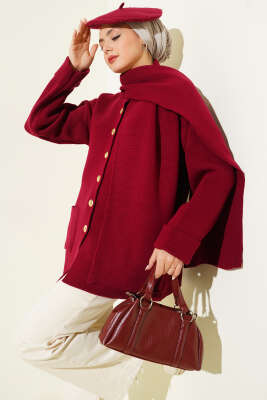 Atkılı Düğmeli Cepli Triko Hırka Bordo 