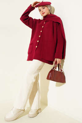 Atkılı Düğmeli Cepli Triko Hırka Bordo - Günün Seçilenleri