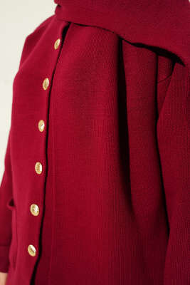 Atkılı Düğmeli Cepli Triko Hırka Bordo - Günün Seçilenleri