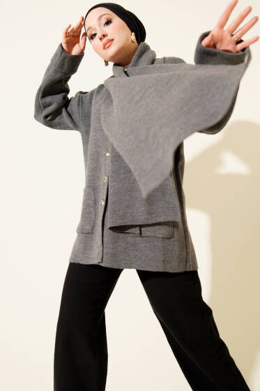 Atkılı Düğmeli Cepli Triko Hırka Füme - Hırka