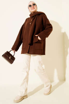 Atkılı Düğmeli Cepli Triko Hırka Kahve - Hırka