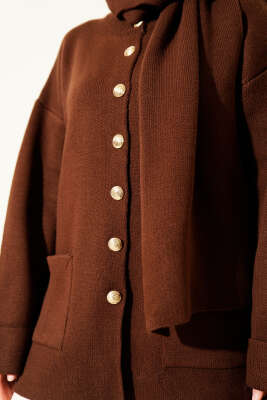 Atkılı Düğmeli Cepli Triko Hırka Kahve - Hırka