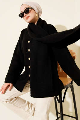 Atkılı Düğmeli Cepli Triko Hırka Siyah - RAFİMİX