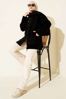 Atkılı Düğmeli Cepli Triko Hırka Siyah - Hırka