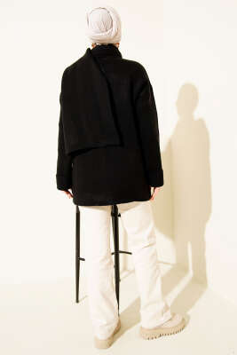 Atkılı Düğmeli Cepli Triko Hırka Siyah - Hırka