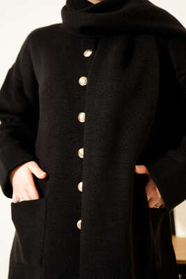 Atkılı Düğmeli Cepli Triko Hırka Siyah - Hırka