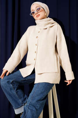 Atkılı Düğmeli Cepli Triko Hırka Taş - RAFİMİX