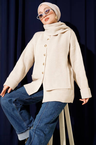 Atkılı Düğmeli Cepli Triko Hırka Taş - Hırka