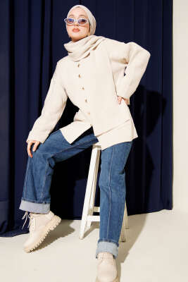 Atkılı Düğmeli Cepli Triko Hırka Taş - Hırka